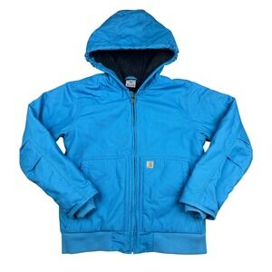 Carhartt Youth Boys Girls Blue Sherpa Lined Canvas Hooded Jacket L 14 Workwear